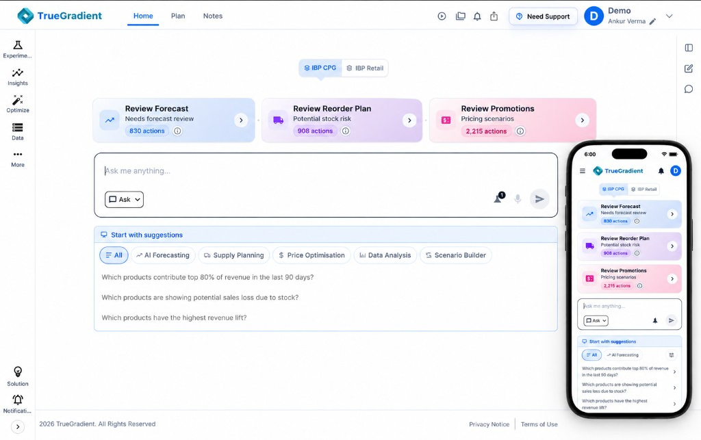 TrueGradient home dashboard and mobile app with forecast, reorder, and promotion review cards plus plain-language AI ask bar